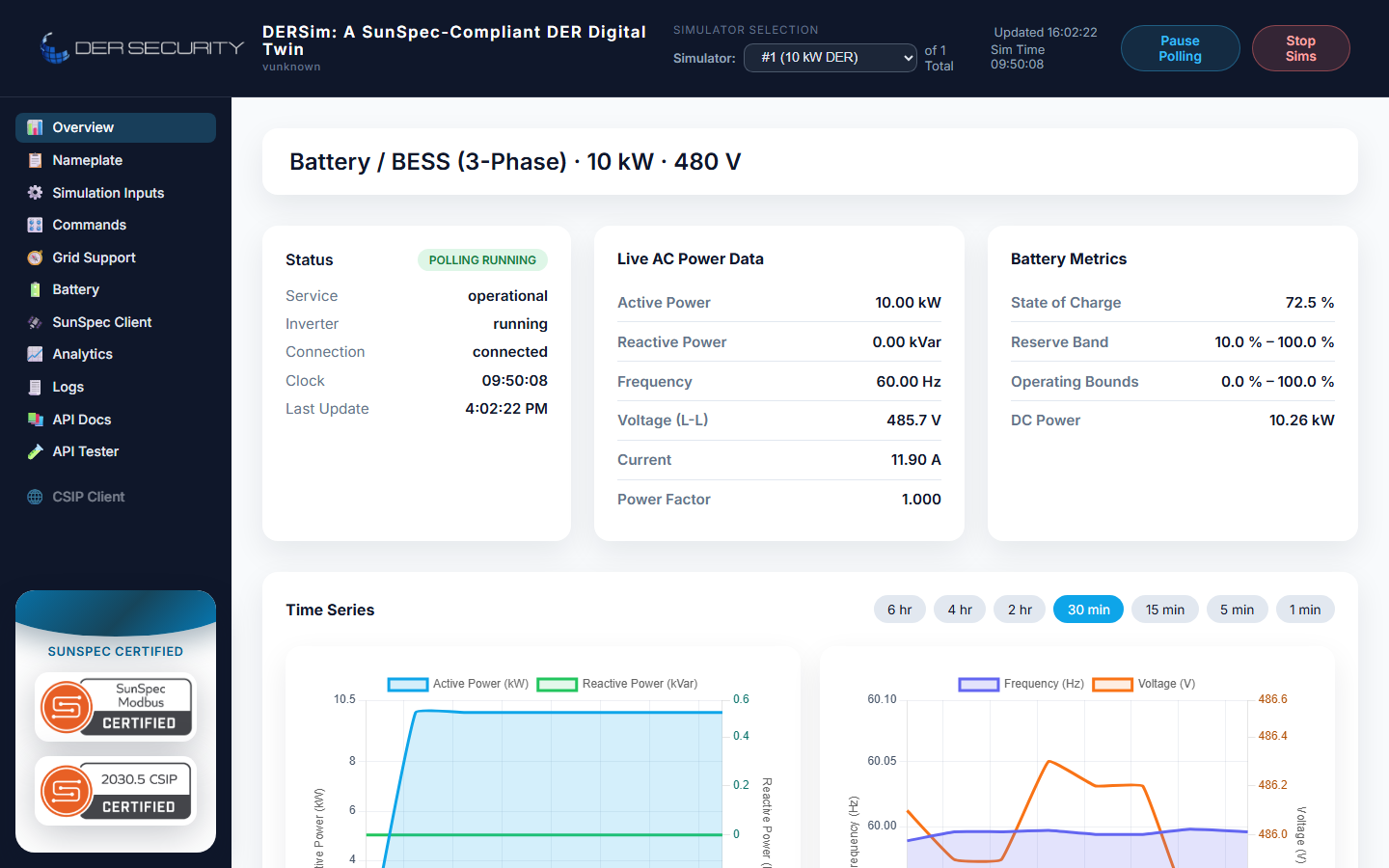 Overview — Battery 3-Phase, SoC 72.5%, DC Power 10.26 kW, Live AC Power, Battery Metrics tile with reserve band