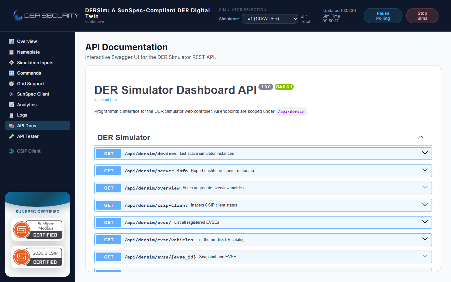 API Docs view — Swagger UI sidebar of endpoints grouped by router (Telemetry, Controls, Battery, Wind, Fuel Cell, Hybrid DC, OCPP, CSIP, Logs)