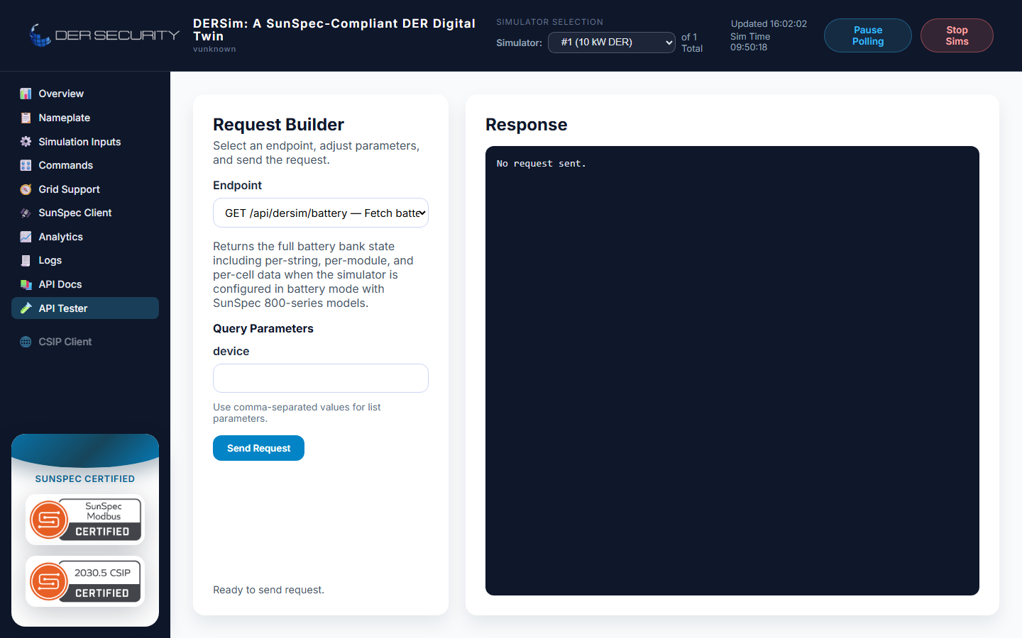 API Tester view — endpoint picker on the left, method + URL composed, request body editor, response panel below