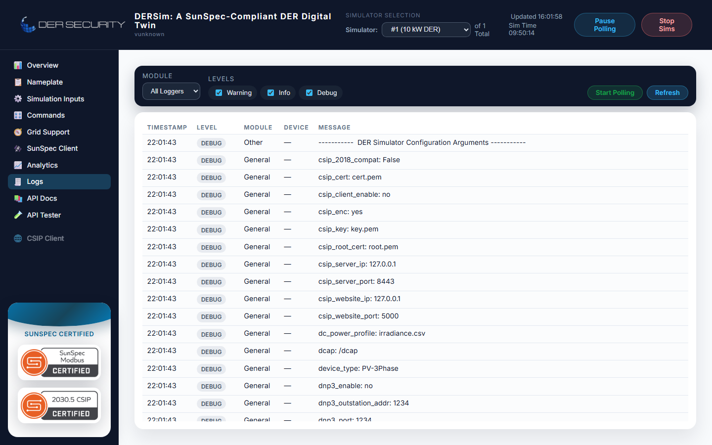 Logs view — module + level filter chips above a timestamp/level/module/device/message table