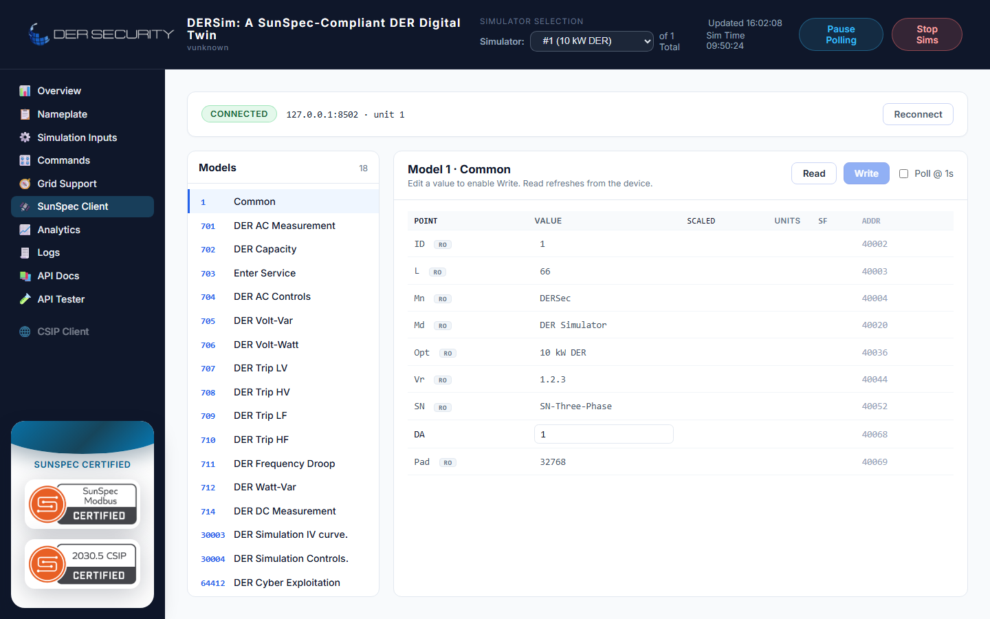 SunSpec Client view — model picker, register table, scan button