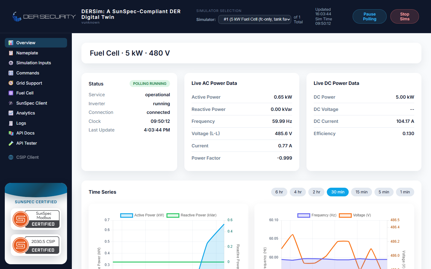 Overview — PEMFC fuel cell sim showing rated power, AC delivery, frequency