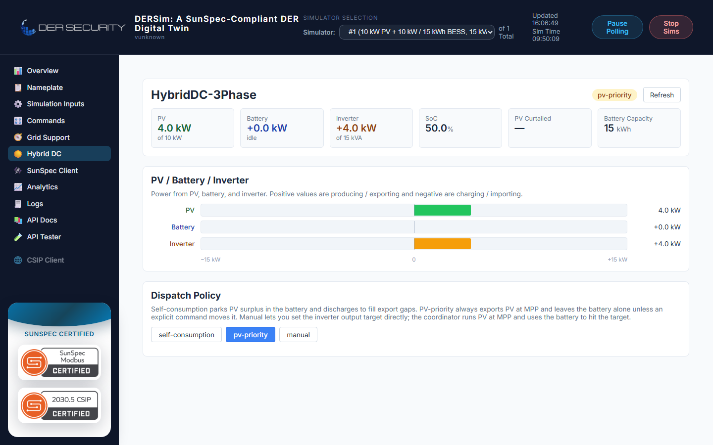Hybrid DC view — PV-priority mode, battery 0 kW, PV exporting fully
