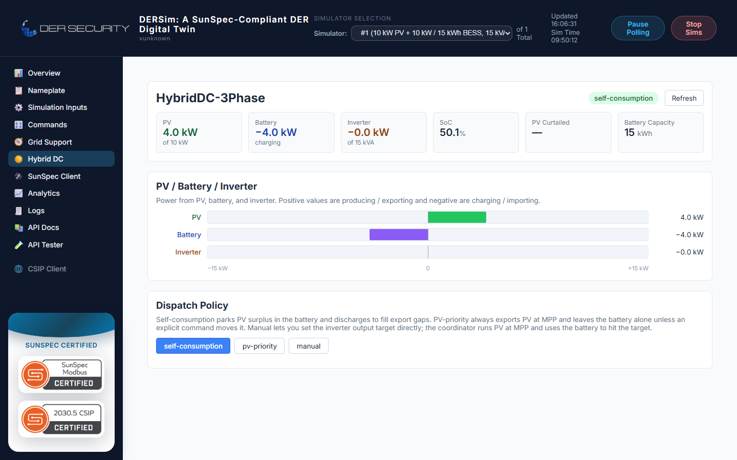 Hybrid DC view — self-consumption mode, PV 4.0 kW, battery -4.0 kW charging, inverter 0 kW, SoC 50.1%