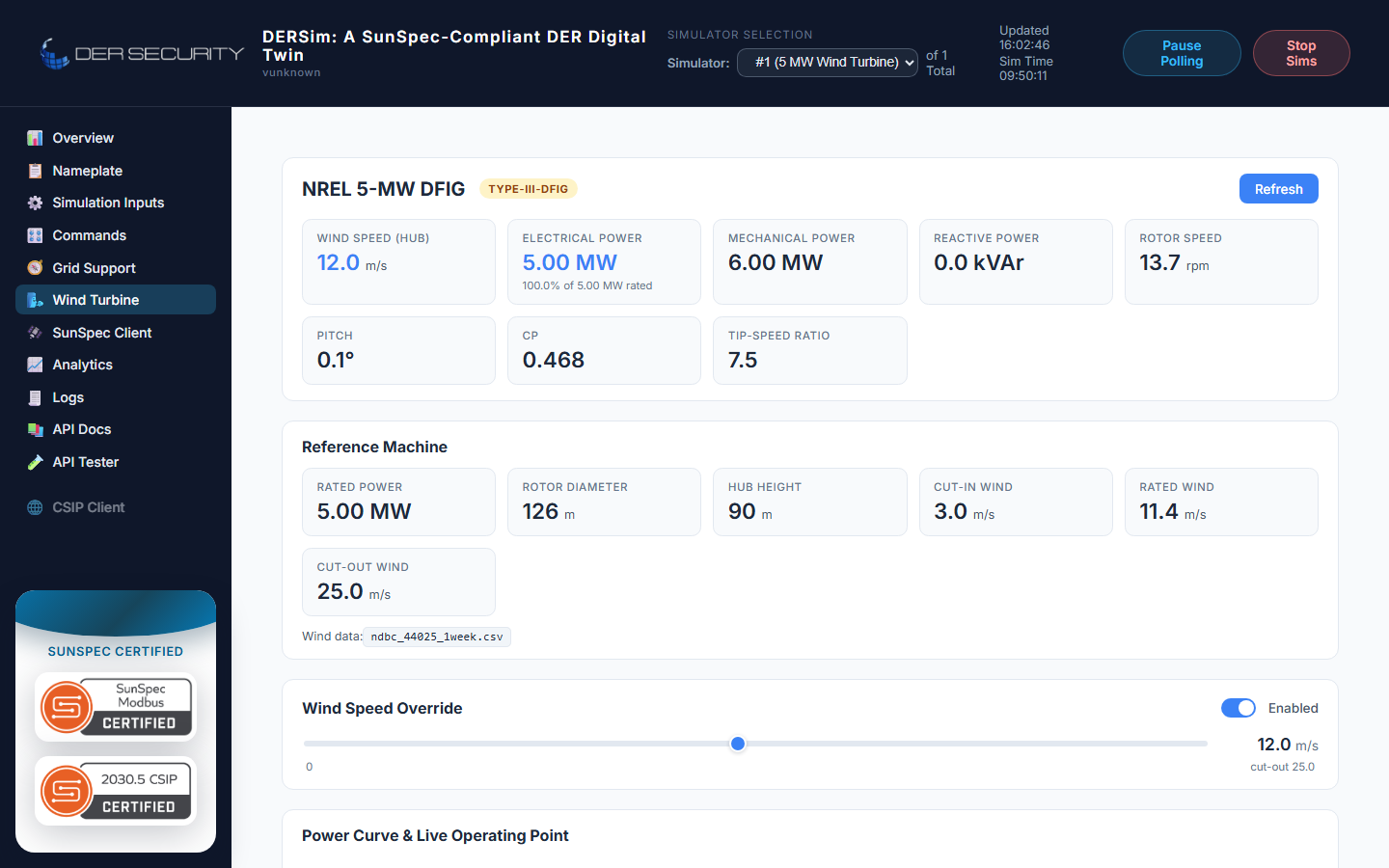 Wind Turbine view — NREL 5 MW DFIG at 12 m/s pinned, 5.00 MW at rated, Cp 0.470, power curve rendered