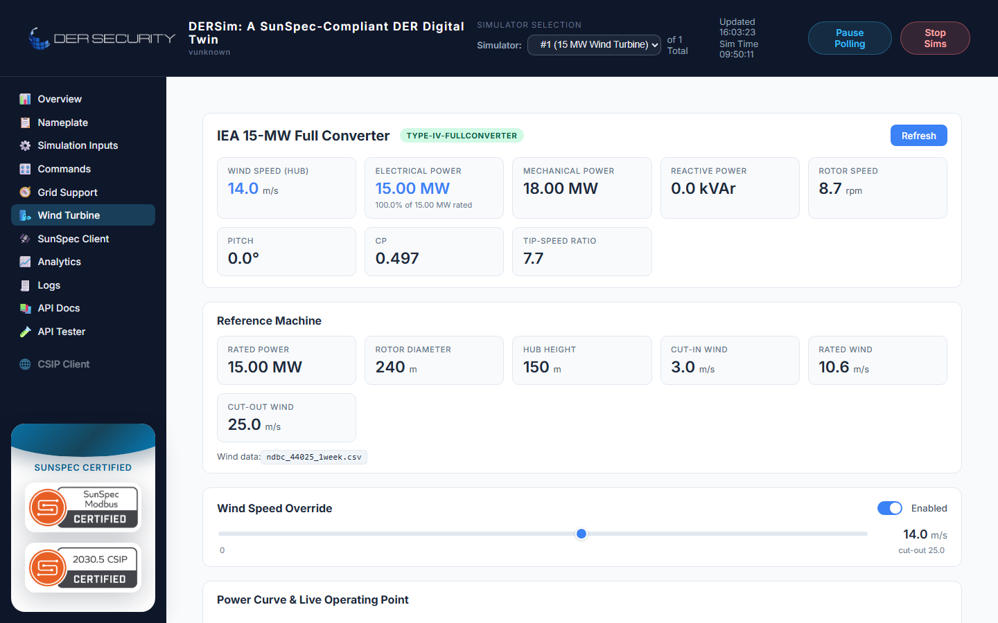 Wind Turbine view — IEA 15 MW full-converter, 14 m/s pinned