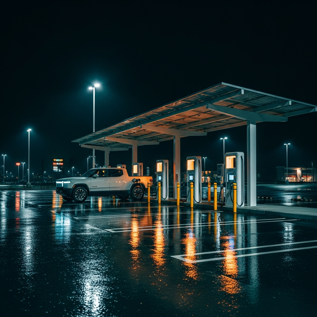 EV charging stations at night with wet reflections on pavement