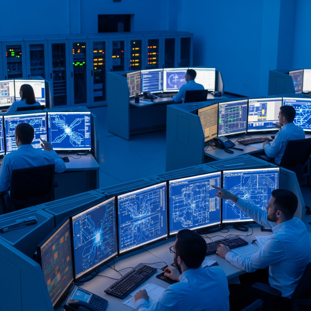 Grid operations control room with monitoring displays showing fleet data
