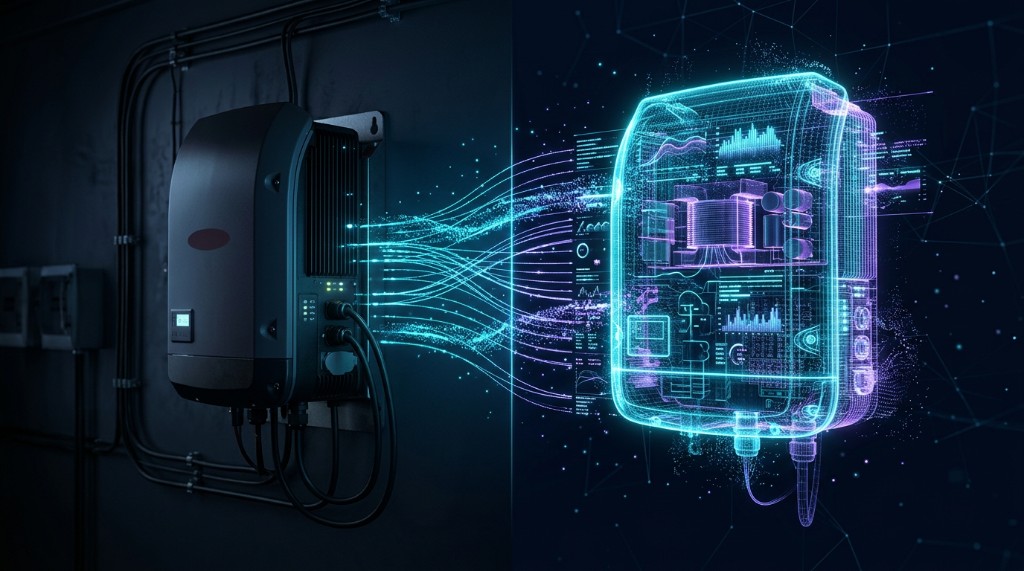 DERSim Digital Twins — physical inverter with digital twin wireframe overlay