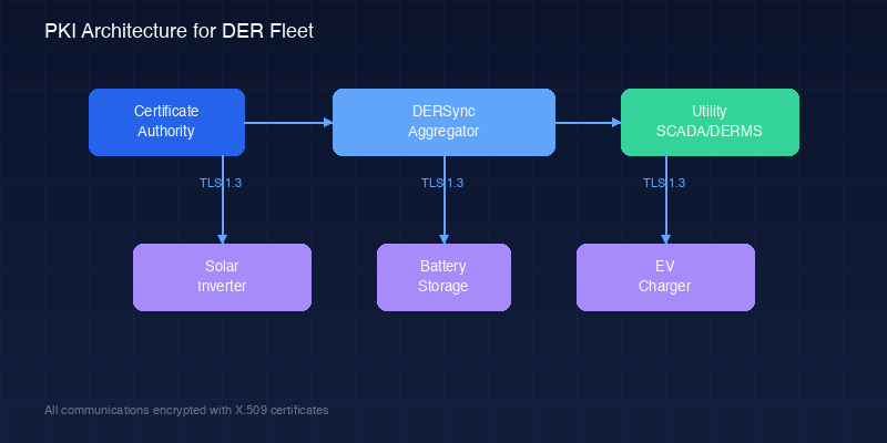 PKI Architecture for DER Fleet showing Certificate Authority, DERSync Aggregator, and connected DER devices